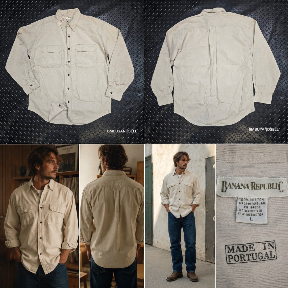 Vintage Banana Republic Mens Corduroy Shirt L Beige Cotton Button Down Portugal